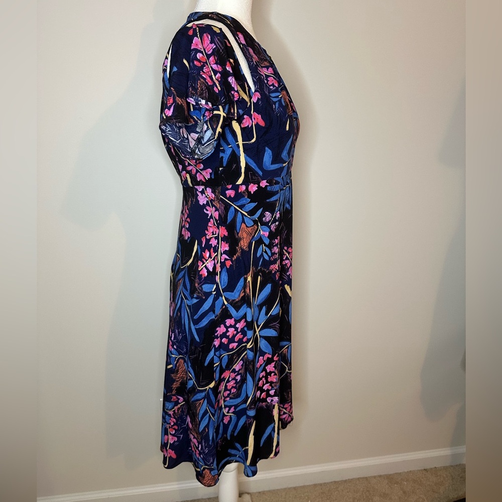 Anthropologie Maeve Elia Dress Sz 2 Black Blue Floral Cold Shoulder Midi#893 - Picture 5 of 12